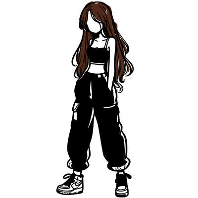 girl in baggy pants crop top and long hair
