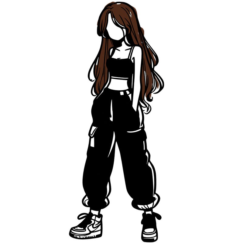girl in baggy pants crop top and long hair