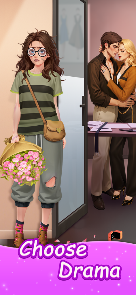 Merge Fashion: Romance Story - Heartbroken woman with flowers discovers a romantic betrayal scene