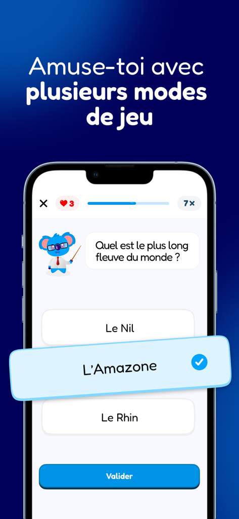 Sapio - Culture Générale - Allgemeinwissen-Multiple-Choice-Frage auf der Sapio App-Oberfläche mit einem Koala-Maskottchen