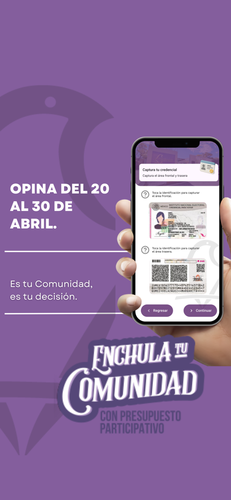 Smartphone showing the IECM app interface for scanning an identity card to participate in community voting