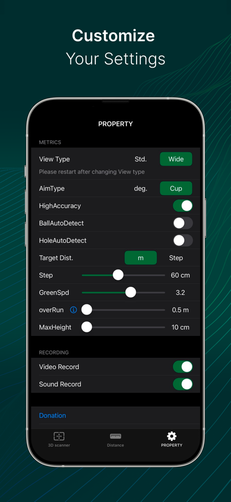 PerfectLine: Putting Guide - 그린 속도 및 조준 유형과 같은 골프 지표를 보여주는 PerfectLine 앱의 사용자 정의 가능한 설정 화면