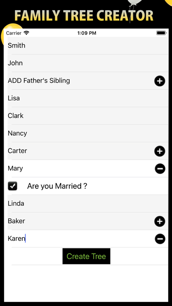 User interface of the Family Tree Creator app showing input fields for family names and a button to generate the tree