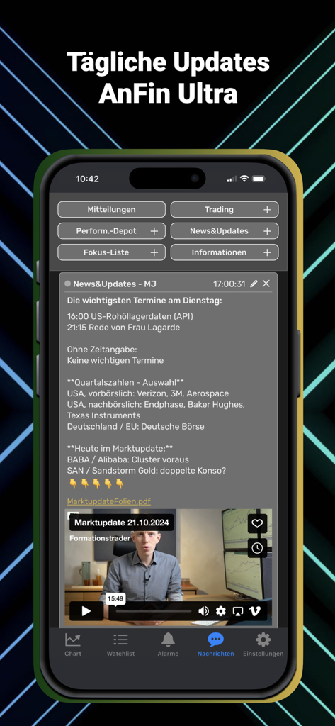 ANFIN - Interfaz móvil ANFIN Ultra que muestra actualizaciones diarias del mercado y análisis de trading en video de expertos