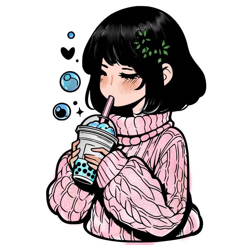 manga girl drinking boba in cozy sweater