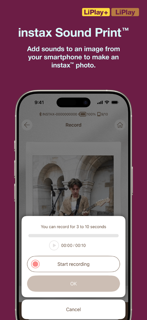instax mini LiPlay - Smartphone screen showing the Sound Print recording feature of the instax mini LiPlay app