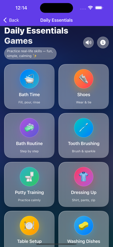 Autism Play Garden - Menu of daily life skills games for children in the Autism Play Garden app