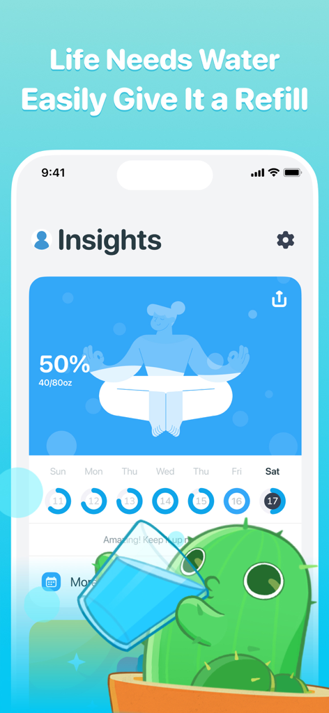Plant Nanny Cute Water Tracker - Painel de insights do aplicativo Plant Nanny mostrando o progresso do consumo de água e um personagem fofo de cacto