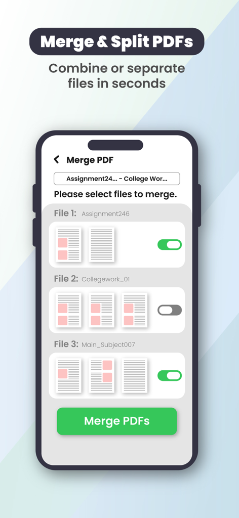 All PDF Reader - PDF Viewer - Interfaz de la aplicación All PDF Reader mostrando la función Fusionar y Dividir PDFs para combinar varios documentos en un iPhone.