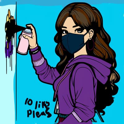 realistic girl with mask spray painting a wall