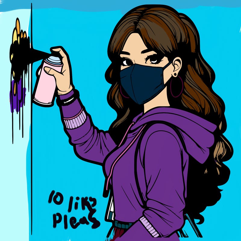 realistic girl with mask spray painting a wall