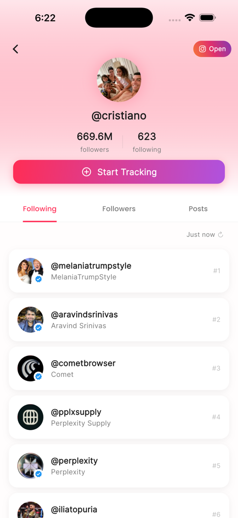 Lurk - Recent Follow Tracker - Mobile app interface showing a profile being tracked with a list of recently followed accounts.