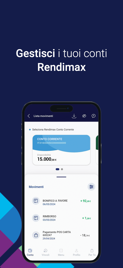 Rendimax Mobile App zeigt den Kontostand und die Transaktionshistorie auf einem iPhone