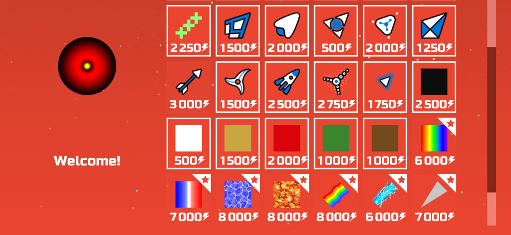 Menú de la tienda del juego en Space Waves mostrando varios íconos y skins para desbloquear