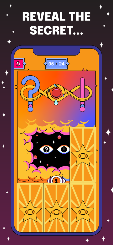 Dilemo - Una colorata schermata di gioco di trivia di Dilemo con illustrazioni uniche di Pictoline e un puzzle per rivelare un segreto.