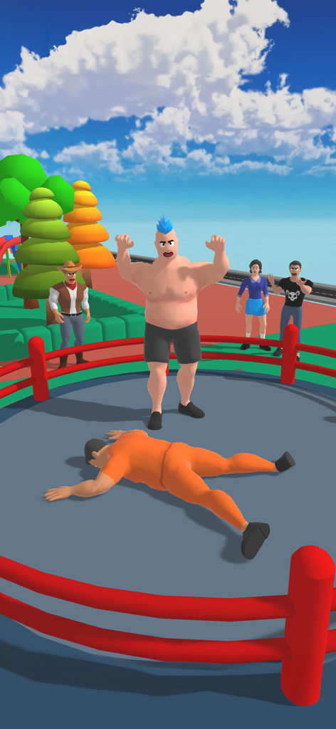 Ein muskulöser Charakter mit blauen Haaren steht über einem besiegten Gegner in einem Kampfring