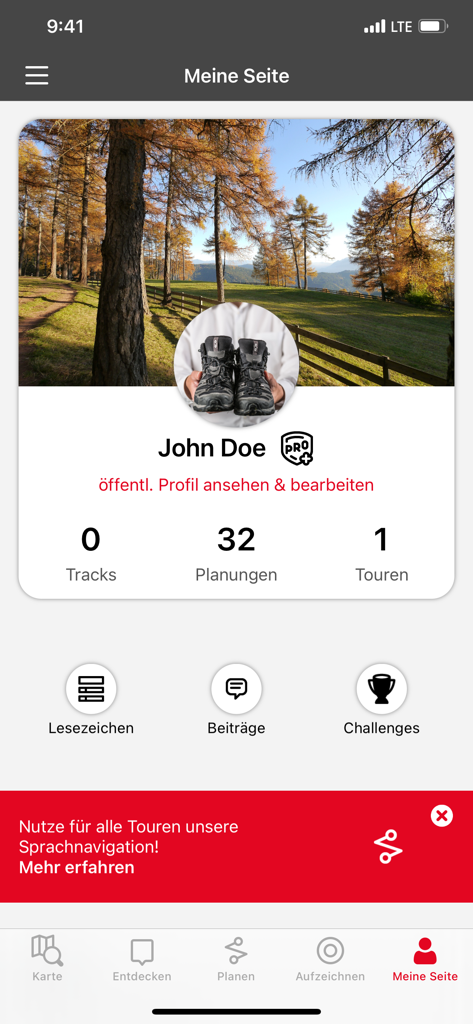User profile dashboard in the Naturfreunde Tourenportal app showing hiking statistics and pro membership status