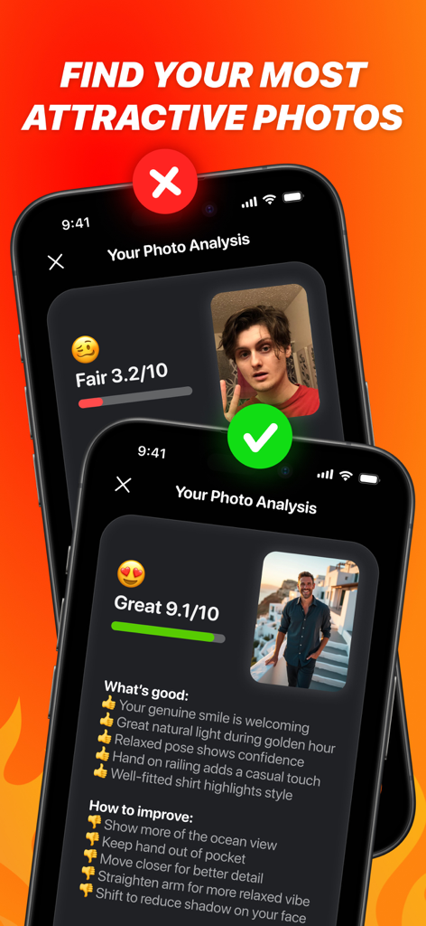 Sway AI: Dating App Assistant - Pantallas de la aplicación mostrando feedback de IA y puntuaciones de atractivo para diferentes fotos de perfil de citas.