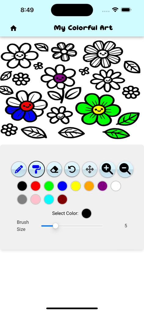 My Colorful Art - Screenshot of My Colorful Art app showing a coloring page with cute flowers and various drawing tools.