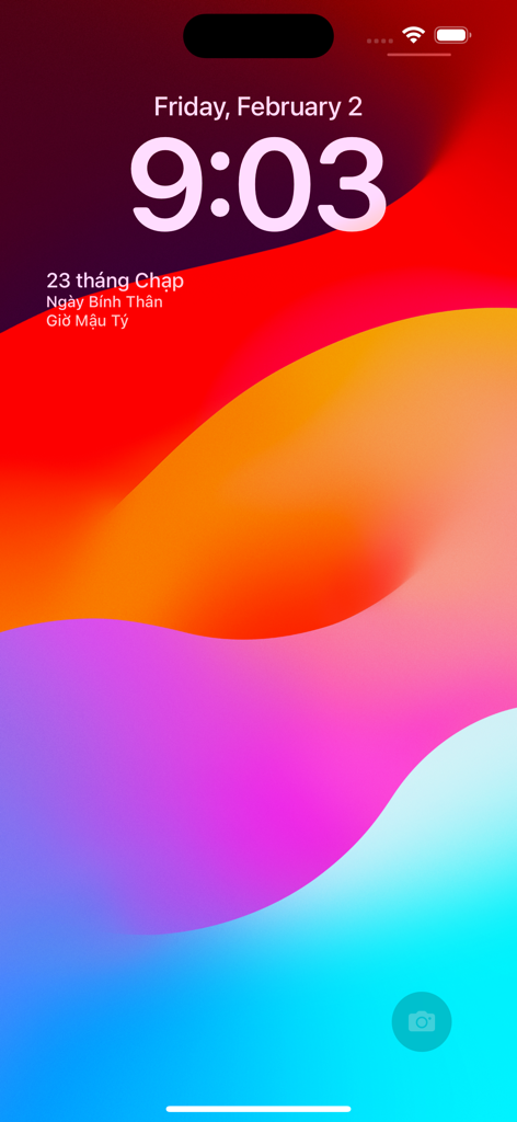 Schermata di blocco dell'iPhone con il widget del calendario lunare Am Lich VN con dettagli sulla data vietnamita