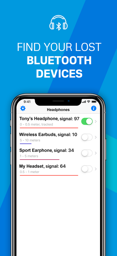 Find My Phone & Device - Interfaz de la aplicación 'Encuentra Mi Teléfono' mostrando una lista de dispositivos Bluetooth cercanos con intensidad de señal y distancia