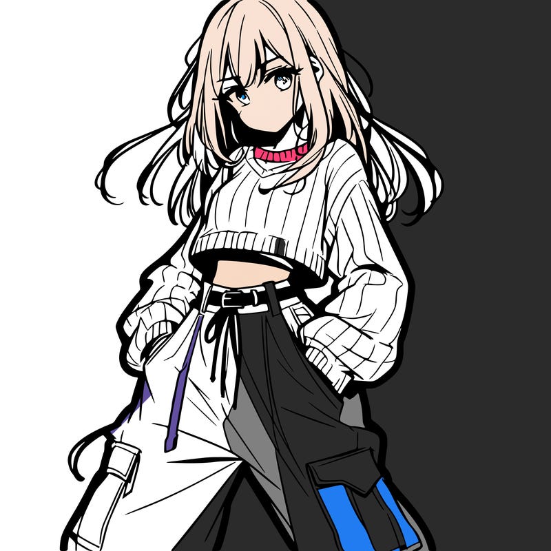 anime teen girl with baggy pants and crop top with sweater