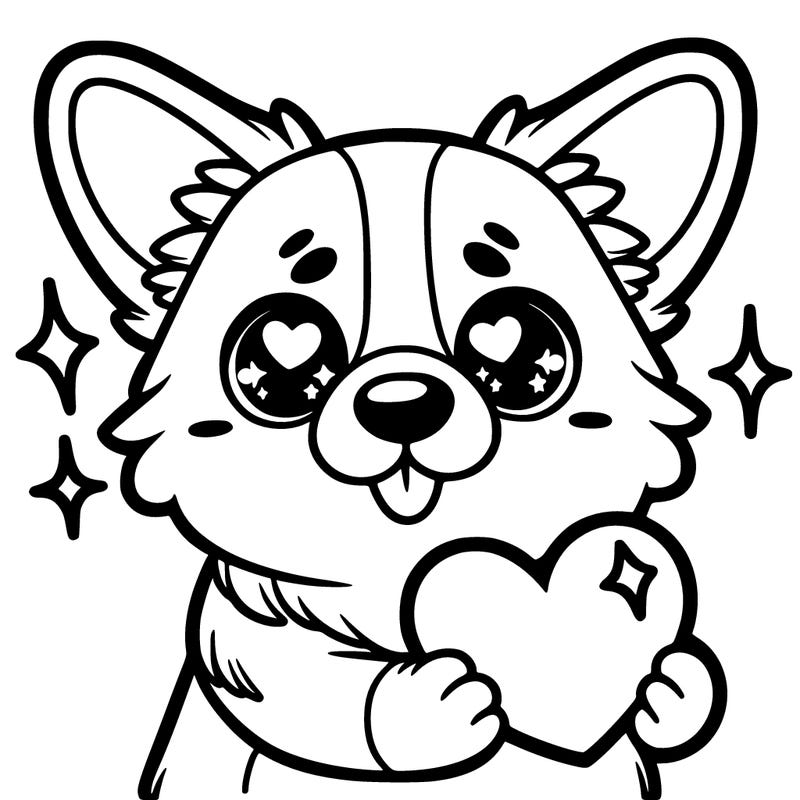 corgi holding a heart with sparkly eyes