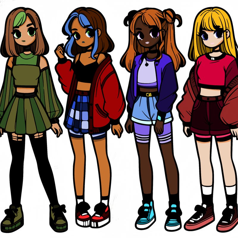 one girl with crop-top shirt and a jacket with a skirt, long socks and another girl with a shirt and pants with a jacket