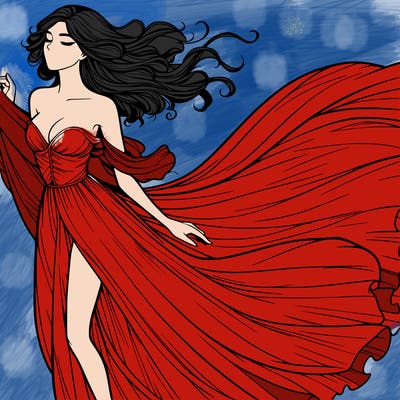 realistic woman in dress flowing the the wind