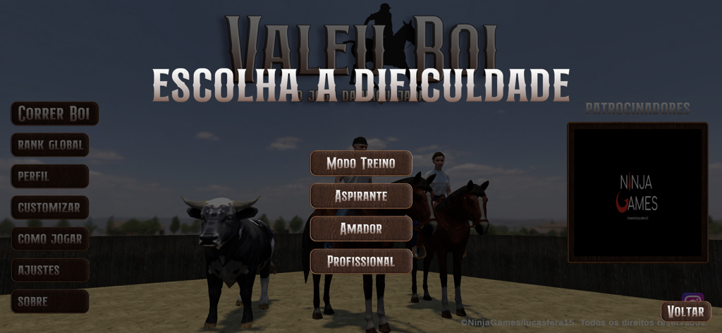 Valeu Boi: O Jogo da Vaquejada - Main menu of the Valeu Boi Vaquejada game showing difficulty selection levels with a bull and horse riders in the background.