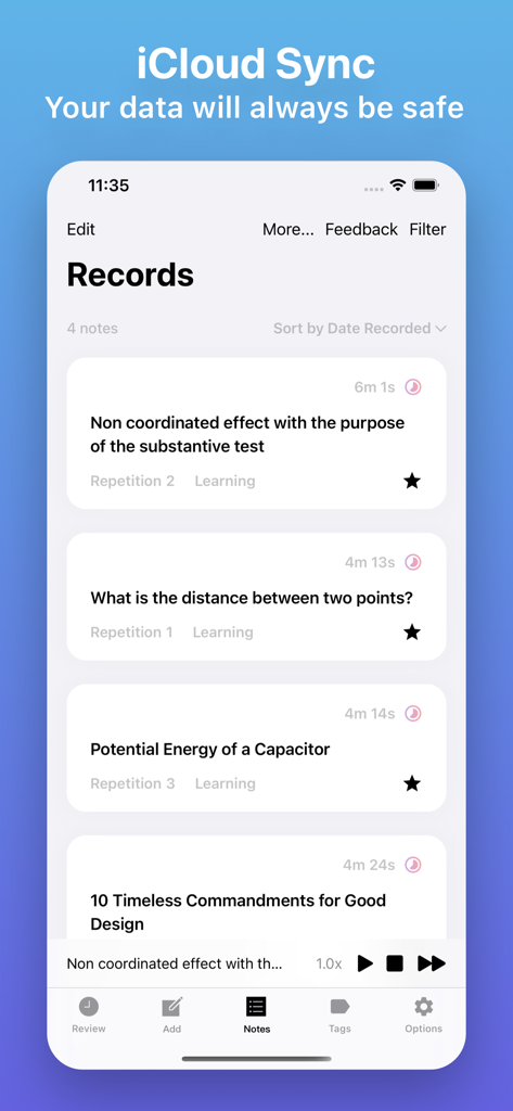 Flash Cards - Flashcards Maker - Uma tela de app móvel mostrando uma lista de flashcards de estudo com um cabeçalho destacando a sincronização do iCloud para segurança dos dados.