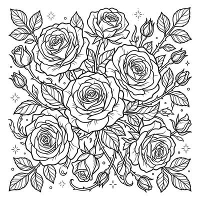 Discover the serene beauty of our White Roses coloring page, featuring an intricate array of delicate blooms and verdant leaves. This elegant design invites you to a peaceful coloring experience, perfect for all skill levels.