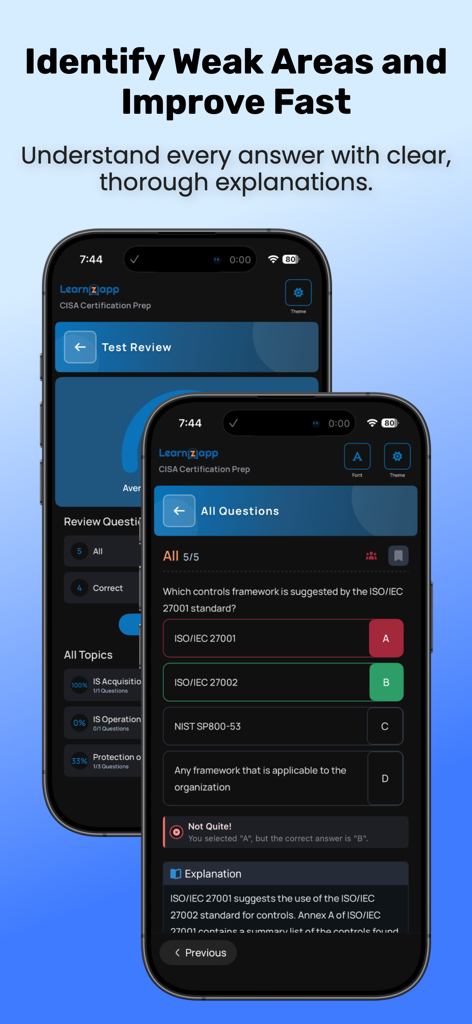 CISA & CISM: ISACA Exam Prep - CISA and CISM practice question screen with detailed answer explanation and topic review