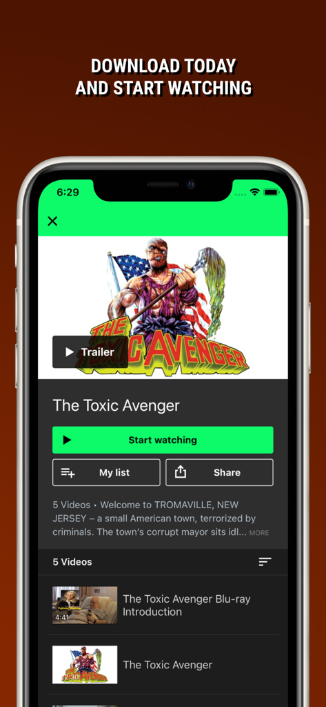 Troma NOW! - Screenshot of the Troma NOW! mobile app displaying the movie detail page for The Toxic Avenger with watch options and bonus features.