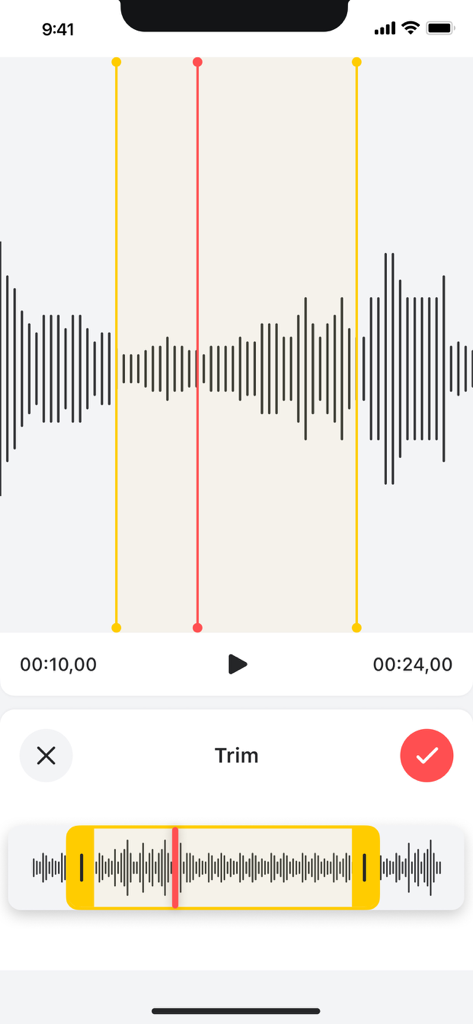 Voice Recorder — Audio Memos - Mobile app interface showing the audio trimming feature with waveform visualization and selection handles