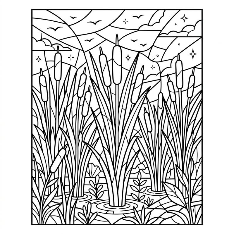 Immerse yourself in the tranquility of a wetland scene, transformed into a stunning stained glass art piece. This unique coloring page features majestic cattails, ready for your creative touch.