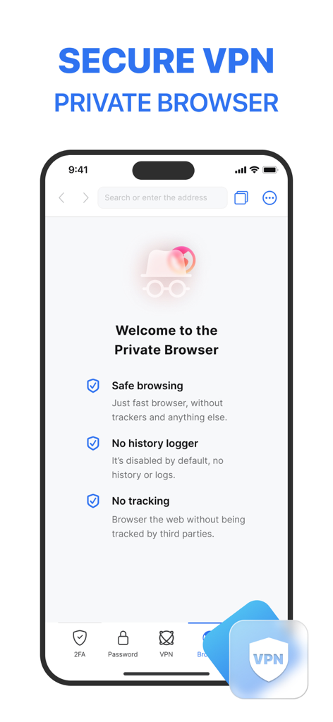 Interface of the FastOTP Authenticator App showing the Private Browser with safe browsing and no history logger features