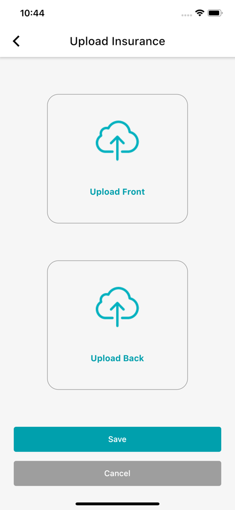 Insurance card upload screen in the myPatientVisit app showing front and back upload options.