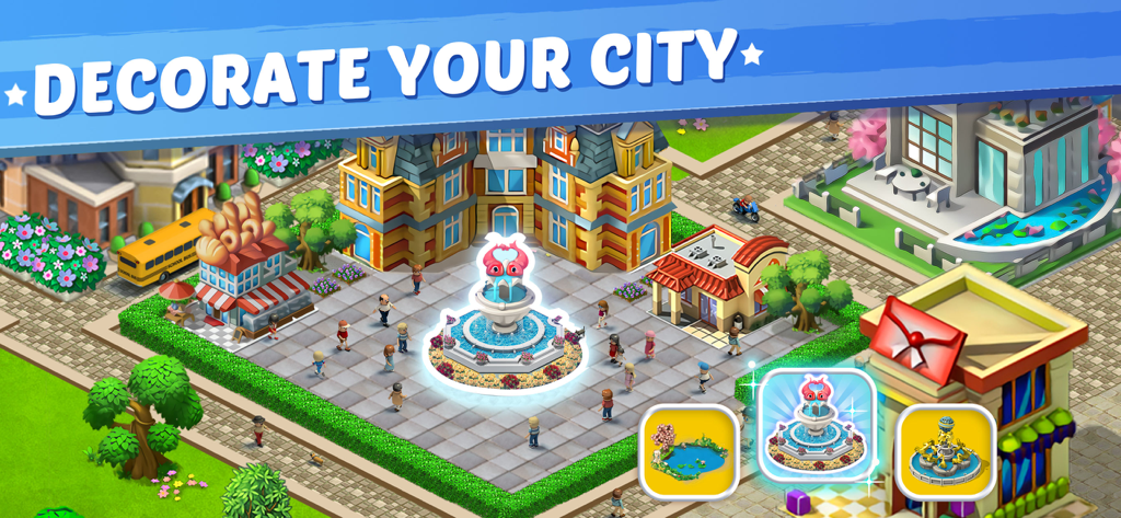 Lily City: Building metropolis - Decorating a city square with a fountain in the Lily City Building Metropolis game