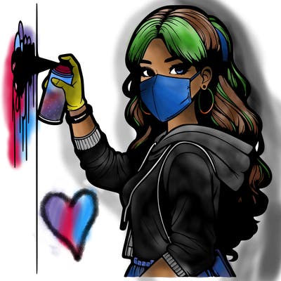realistic girl with mask spray painting a wall
