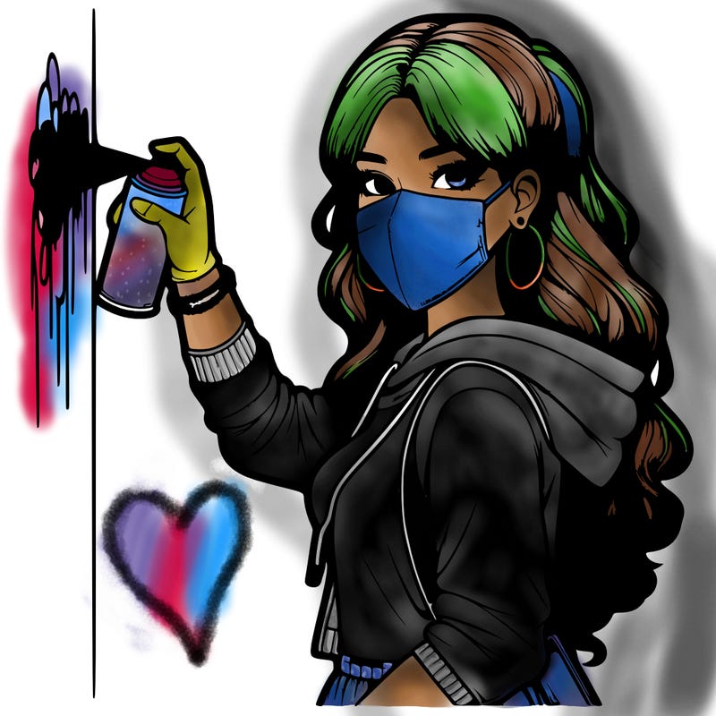 realistic girl with mask spray painting a wall