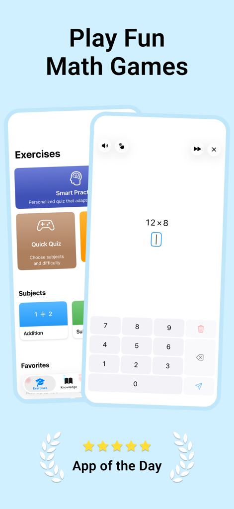 Interfaccia di un'app di calcolo mentale che mostra un quiz di moltiplicazione e categorie di studio