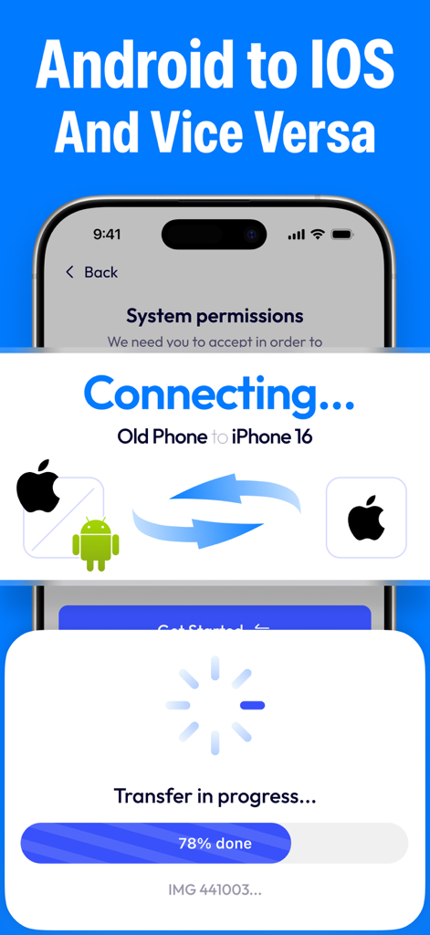 Smart Switch app interface showing data transfer progress from an old phone to an iPhone 16