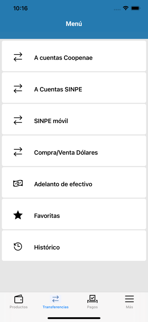 Menú de la aplicación Coopenae para transferencias bancarias y cambio de divisas