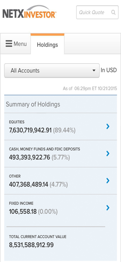NetXInvestor mobile app screen showing a summary of account holdings and total current value
