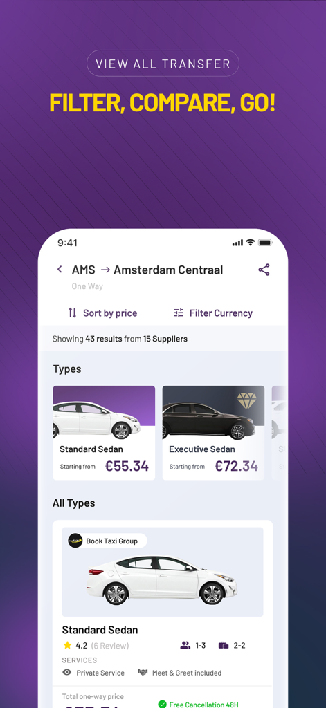 AirportTransfer.com - アムステルダム空港からアムステルダム中央駅までの送迎のためのさまざまな車両タイプと価格を示すAirportTransferアプリのインターフェース