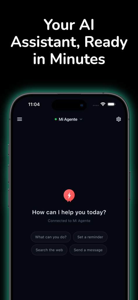 GoClaw - OpenClaw App - Uno smartphone che mostra l'interfaccia dell'app GoClaw con l'intestazione Il tuo assistente AI pronto in pochi minuti e pulsanti di azione rapida per promemoria e ricerca web