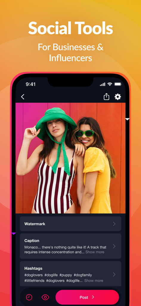 Repost plus app interface showing social tools for businesses and influencers with options for captions and hashtags
