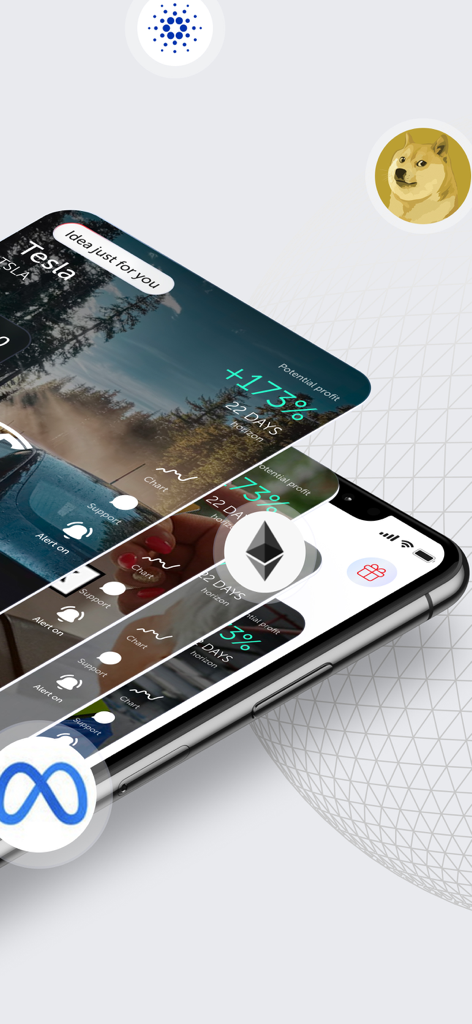 Smartphone screen displaying AI generated investment insights and profit potential for stocks and crypto