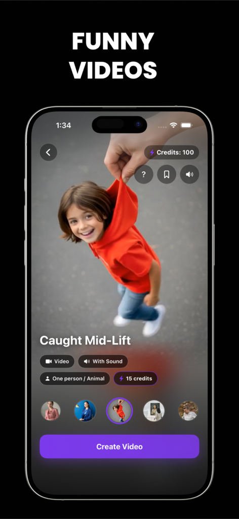 Tooner AI: Photo Editor - Tooner AI app screen showing the funny video creation tool with a Caught Mid-Lift effect applied to a photo of a child